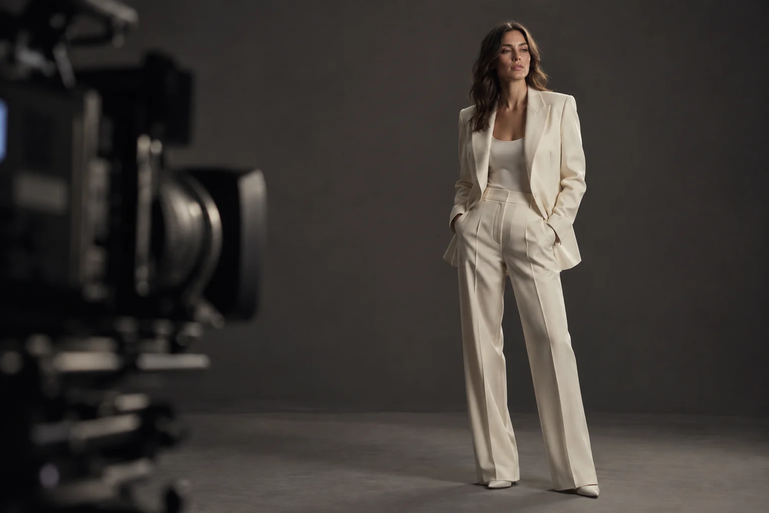 ambiance de tournage mode, tailleur ivoire et fond graphite