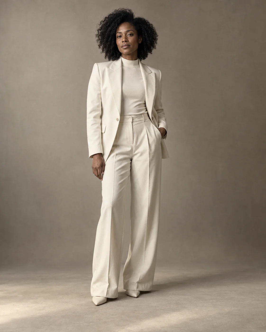 Femme en costume ivoire photographiée en pied sur un fond taupe