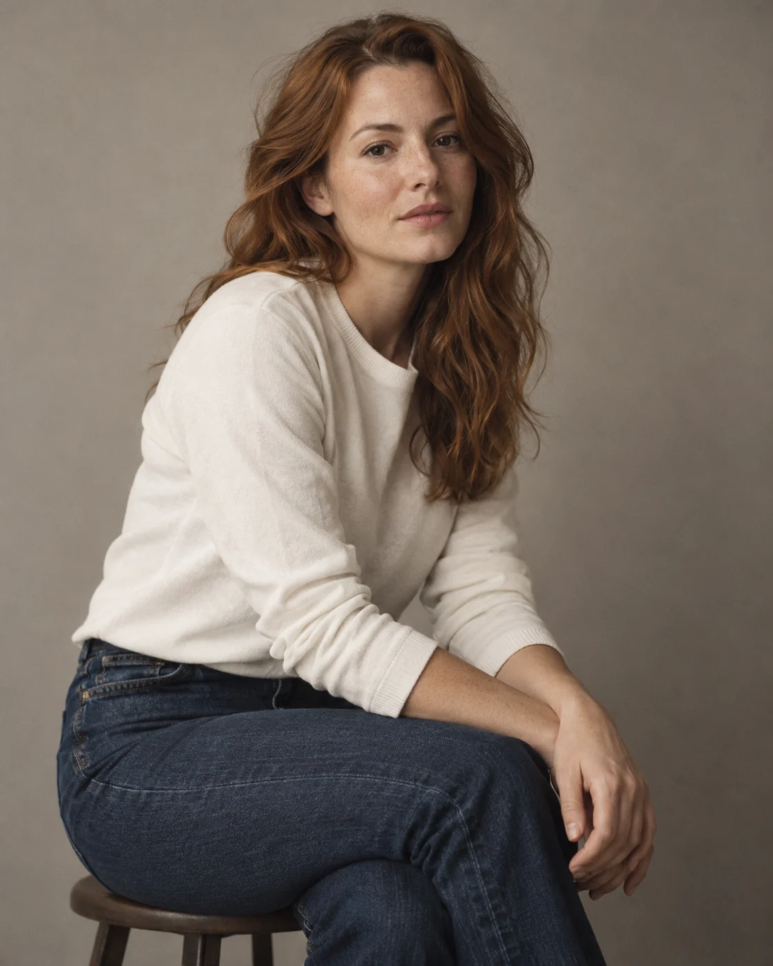 Femme rousse assise, vêtue de denim foncé et de blanc cassé dans un studio gris