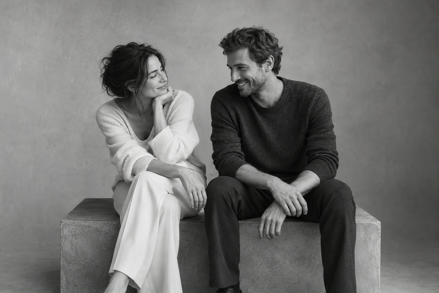 Couple assis sur un grand bloc de studio, échangeant un rire naturel, en noir et blanc.