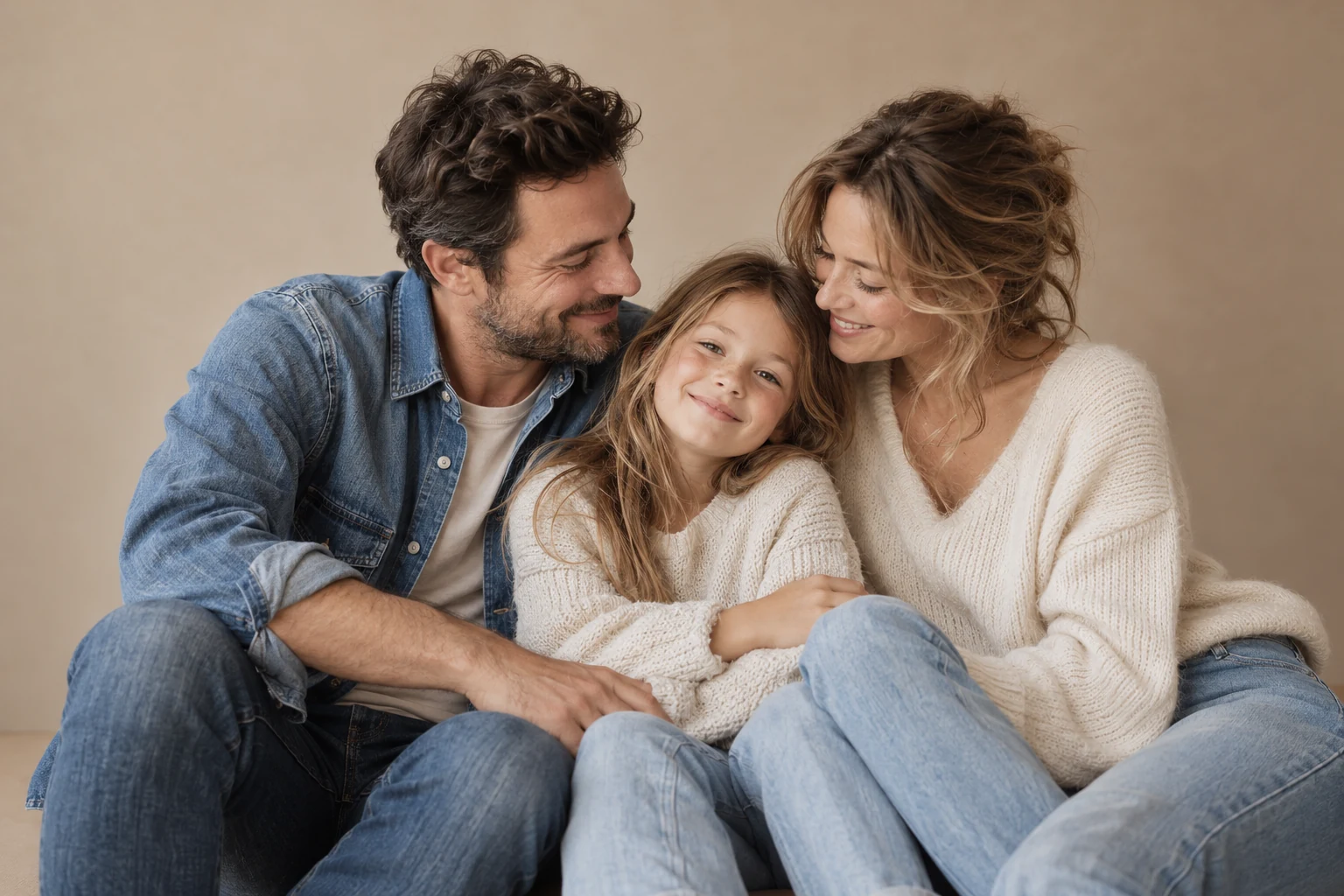 Deux parents et leur enfant de sept ans réunis dans un studio beige, vêtus de denim et de mailles écrues.