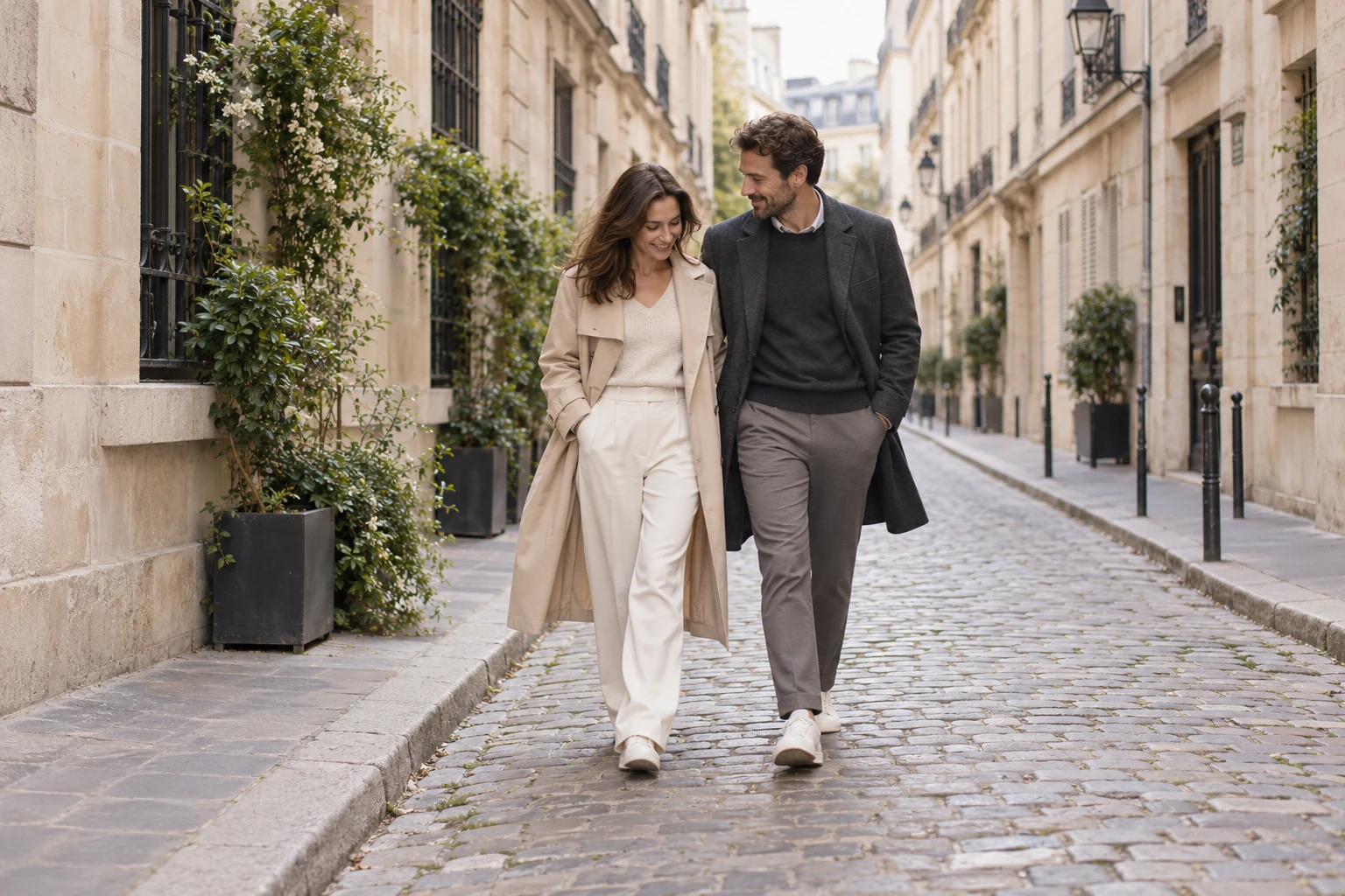 Couple en tenues neutres marchant dans une ruelle parisienne bordée de façades en pierre claire.